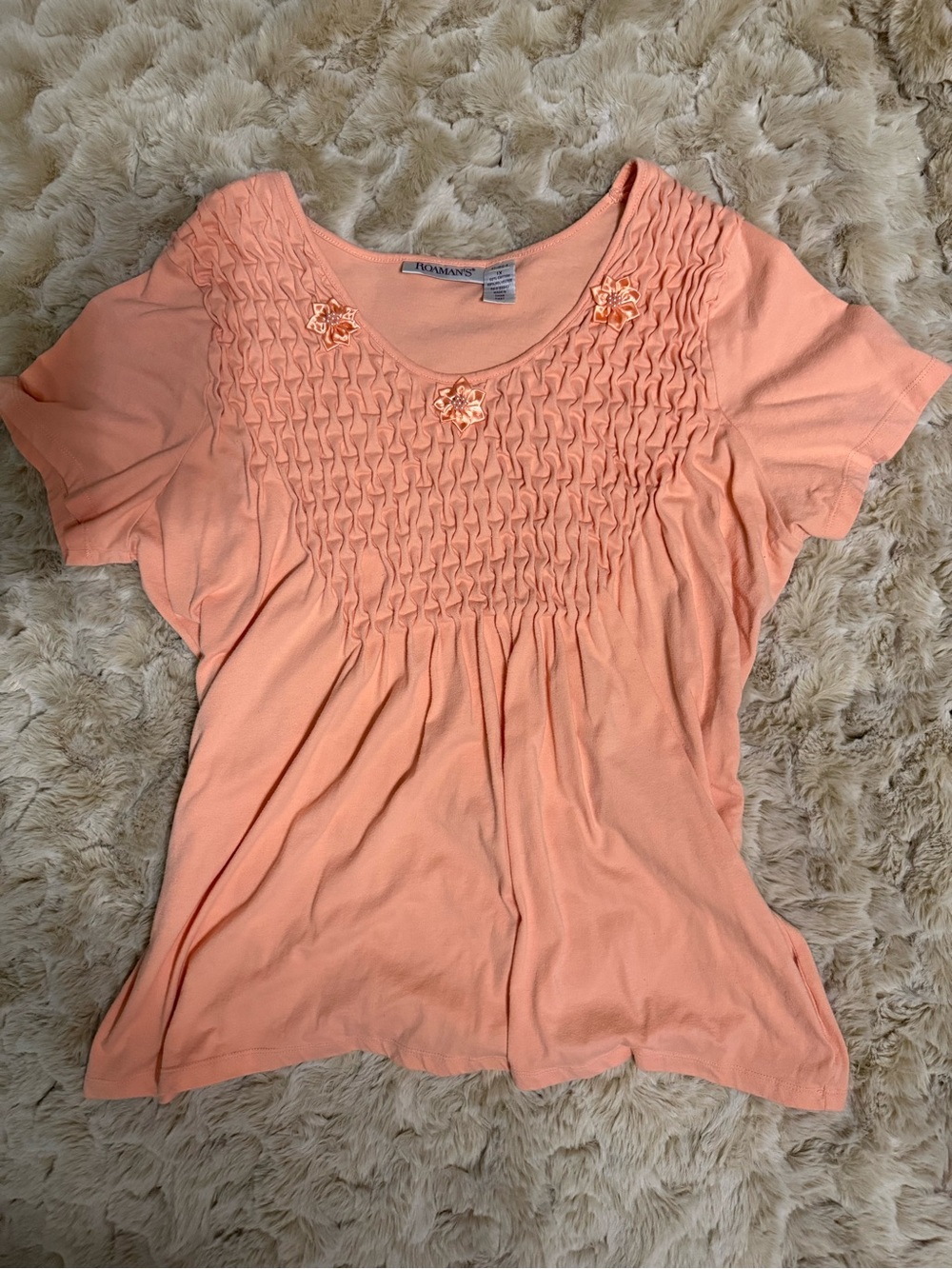 Romans Y2K Whimsical Peach Smocked Short Sleeve Women's Top